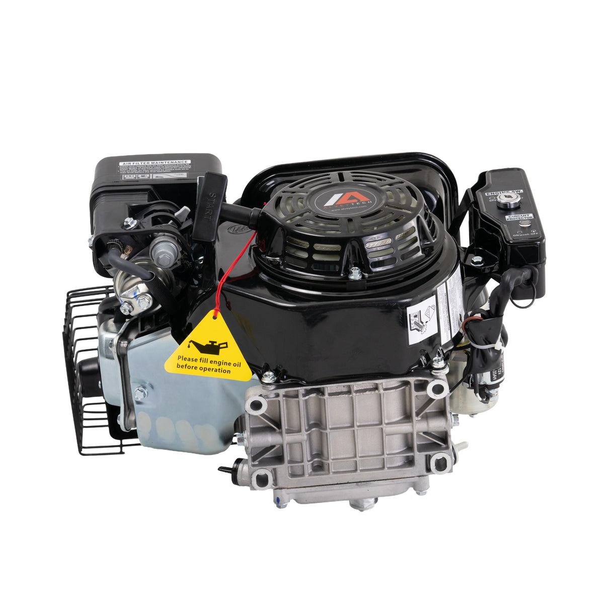 Electric Start 6.5 Hp 168F Honda GX200 Clone Go-Kart & Mini Bike Engine (Blemished) featuring a black engine with a yellow label, visible air filter, carburetor, and electric starter motor.