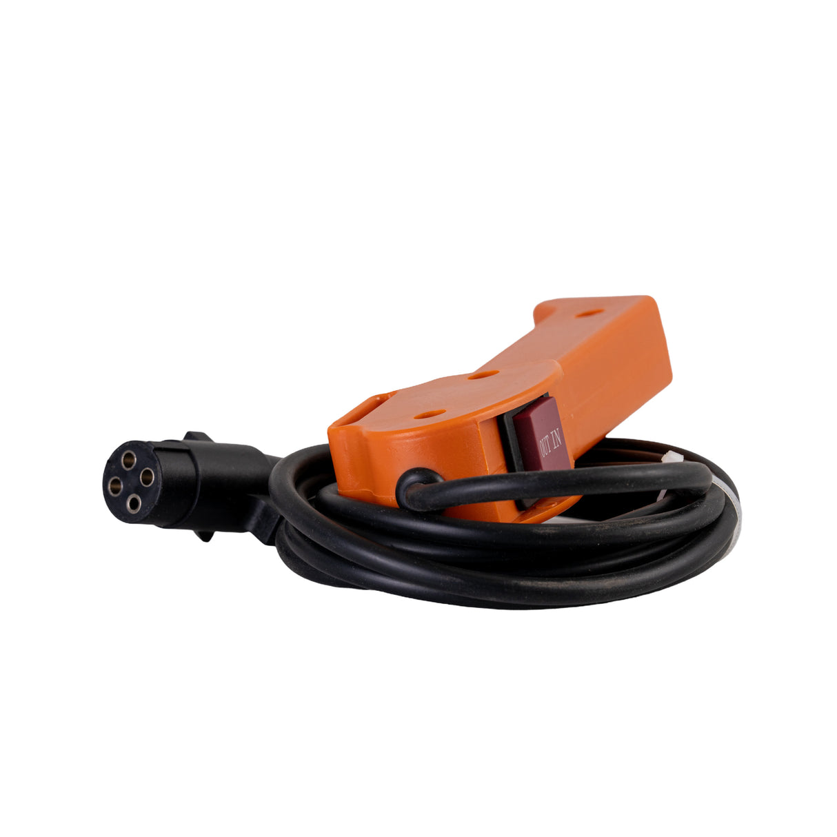 U-Type Winch Hand Control for ATVs with an orange handle, black cord, and red button, compatible with AlveyTech 3500 lb. winch, featuring a 100 cord and 4-prong female connector.