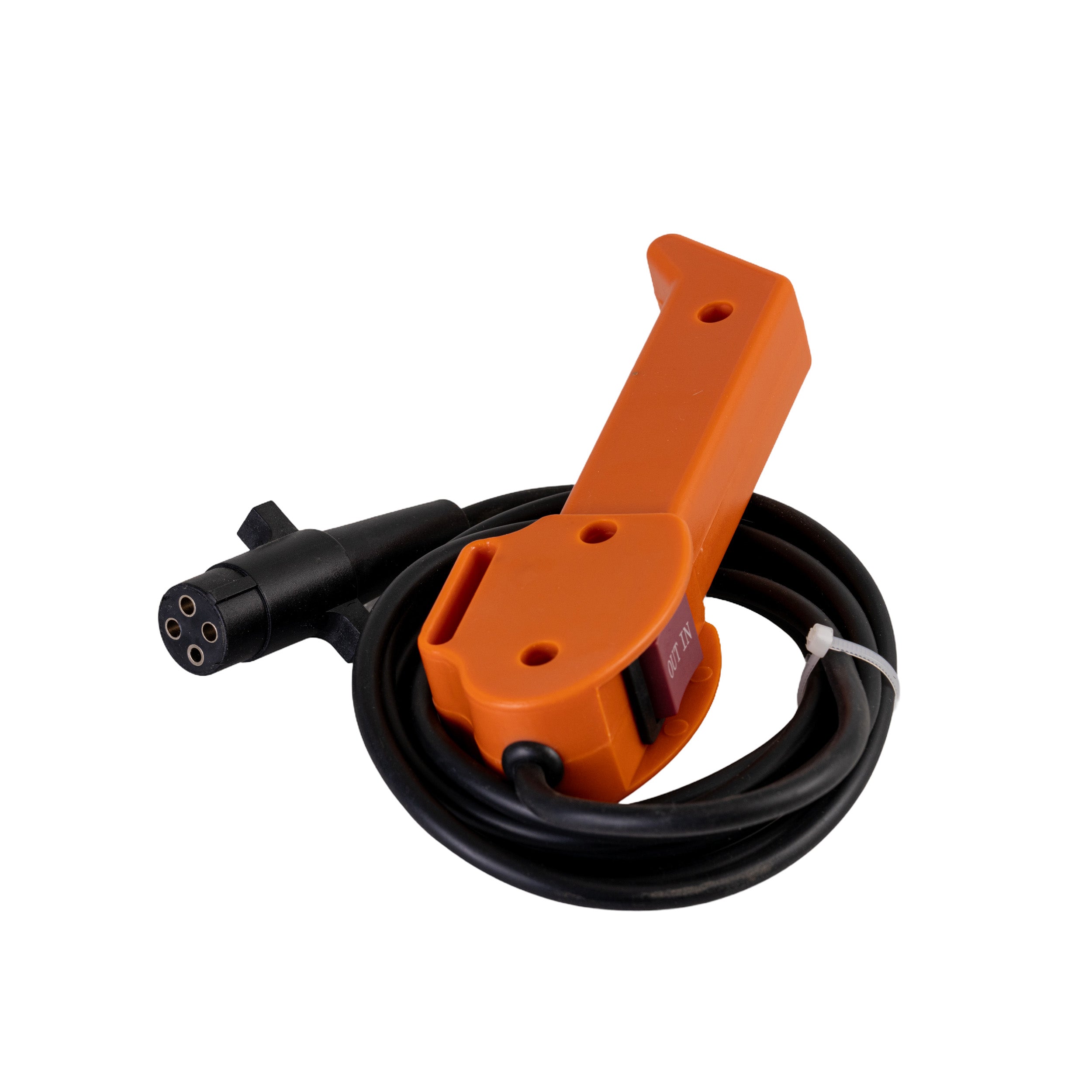 U-Type Winch Hand Control for ATVs featuring an orange handle, an Out/In rocker switch, and a black cable with a 4-prong female connector.