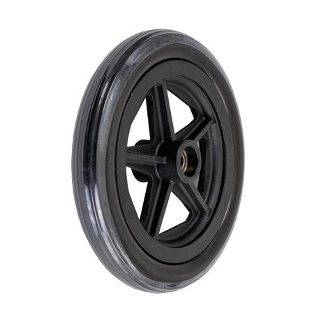 8 Rear Caster Wheel for the Drive Fly-Lite Aluminum and TranSport Aluminum Transport Chairs, featuring a black rim with metal spokes and a durable black tire.