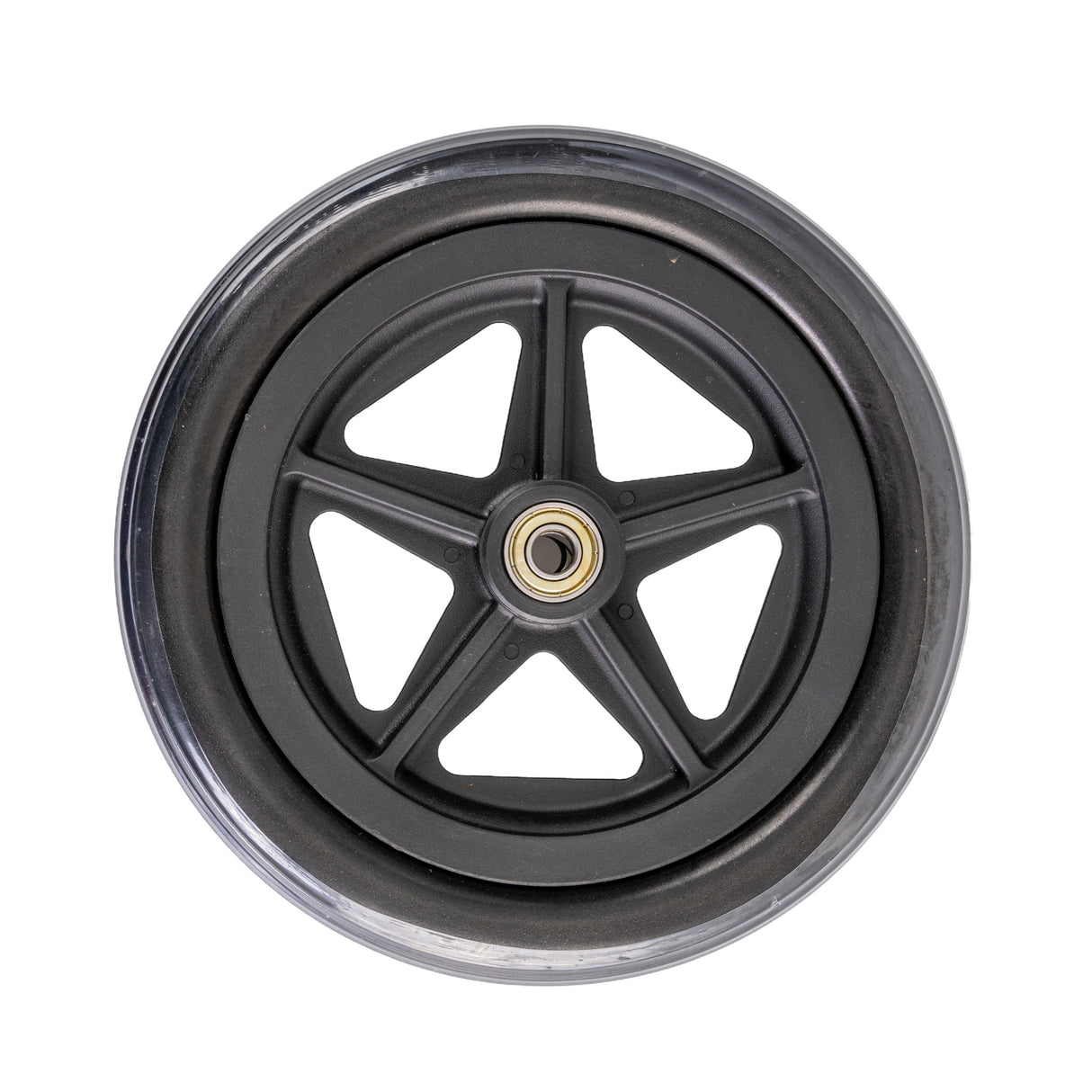 8 Rear Caster Wheel for the Drive Fly-Lite Aluminum and TranSport Aluminum Transport Chairs, featuring a black wheel with a metal spoke, ideal for ensuring smooth and reliable mobility.