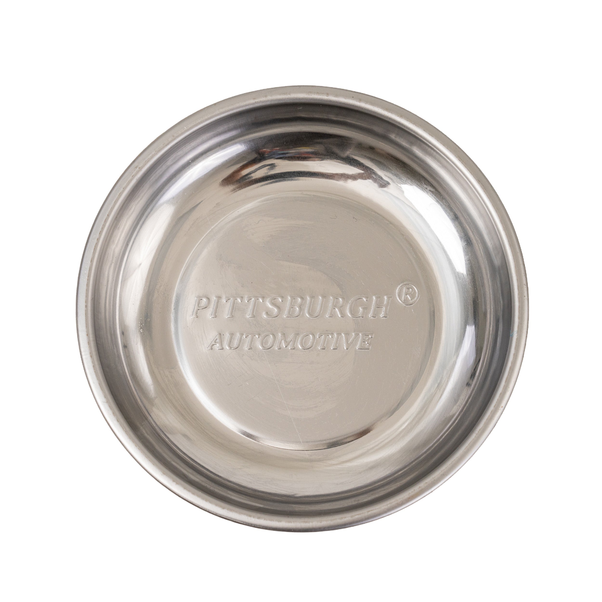 4 Stainless Steel Magnetic Parts Tray, shown close-up in a bowl-like shape, featuring a non-marking rubber base. Ideal for holding nuts, bolts, and tools securely, even upside down.