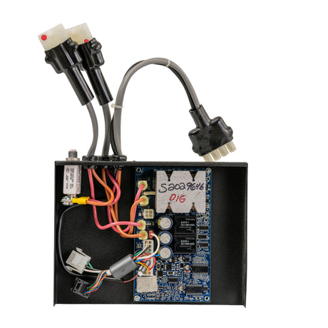 Controller for the Pacesaver Eclipse Atlas, featuring a circuit board with connected wires, harnesses, connectors, and a 45 amp circuit breaker, all enclosed in a steel case.