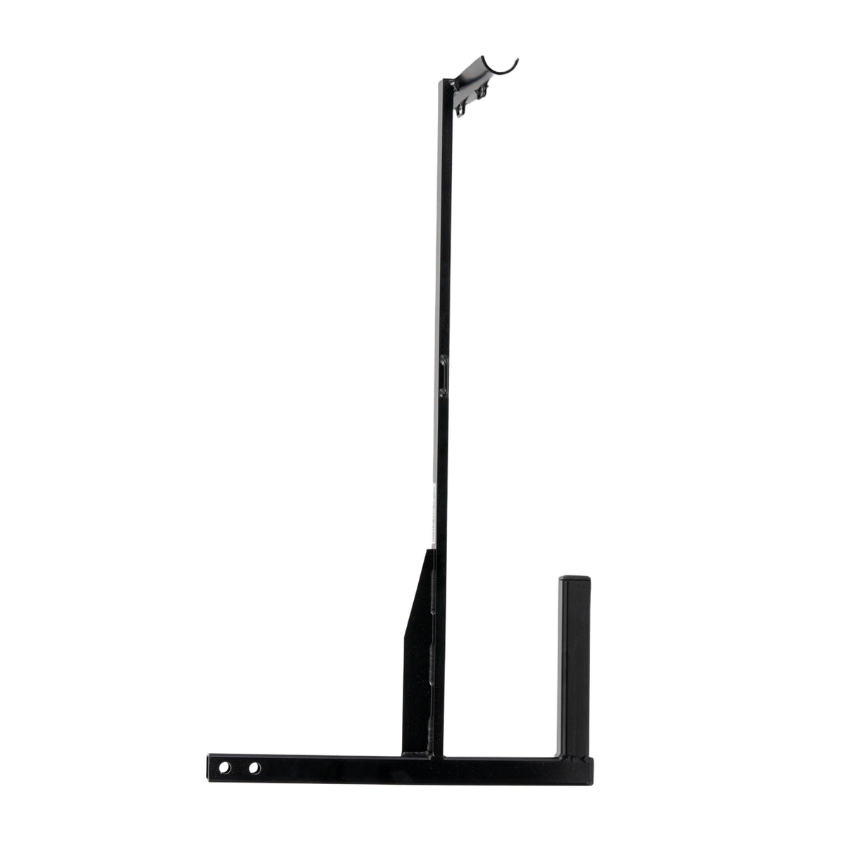 Walker Holder Assembly for Pride Mobility Scooters, featuring a black metal stand with a hook and a long pole, designed to securely attach to various models using velcro straps.