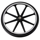 22x1-1/4 Complete Push Wheel Assembly with Quick Release Axle for the Pride Stylus LS, featuring a black and silver metal wheel rim, smooth solid tire, and hand rim.