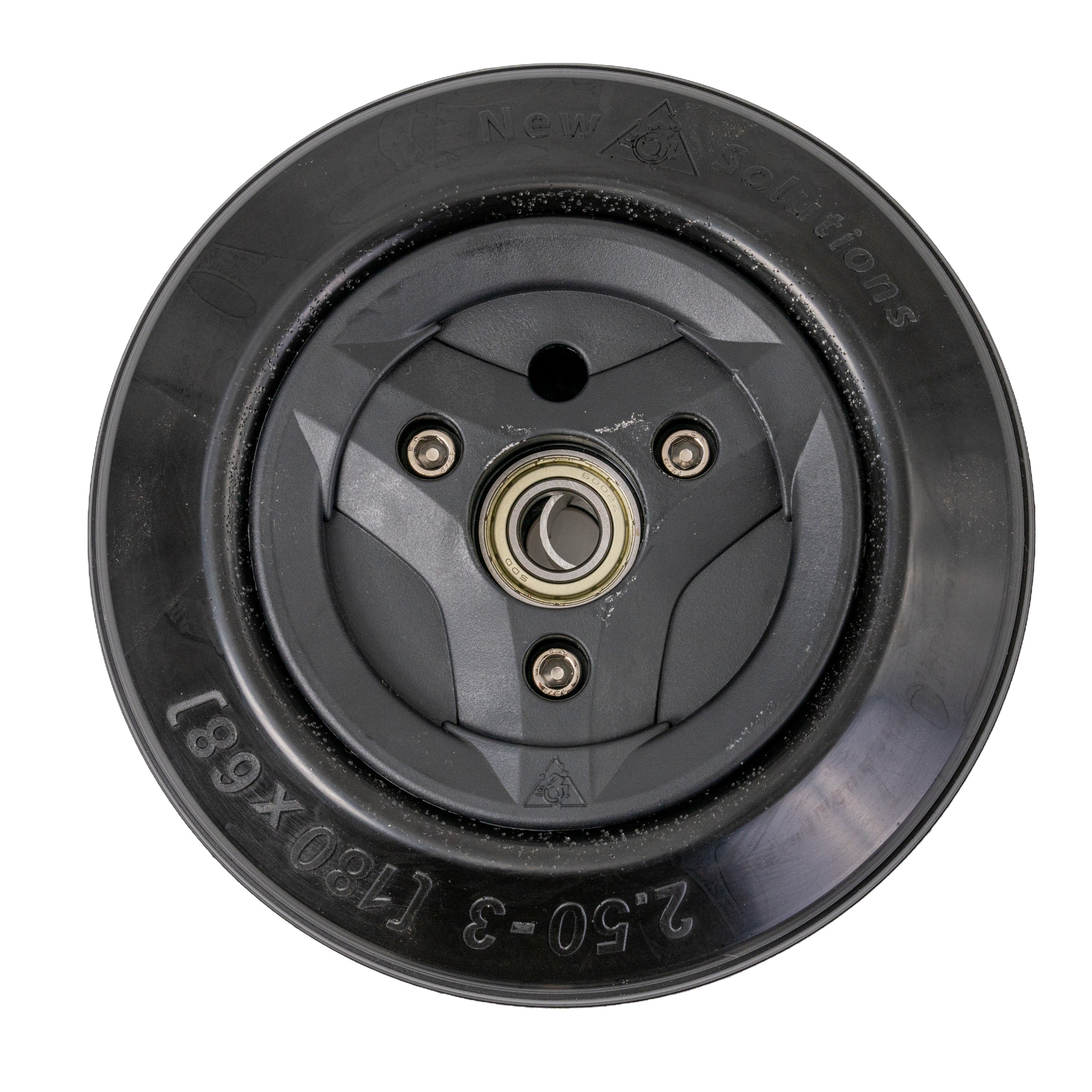 Black 2.50-3 (180 x 68) Caster Wheel for the Permobil M3 Corpus Power Chair, showcasing a solid flat-free tire, split rim, pre-installed 6002ZZ bearing, and black plastic center cap with mounting hardware.