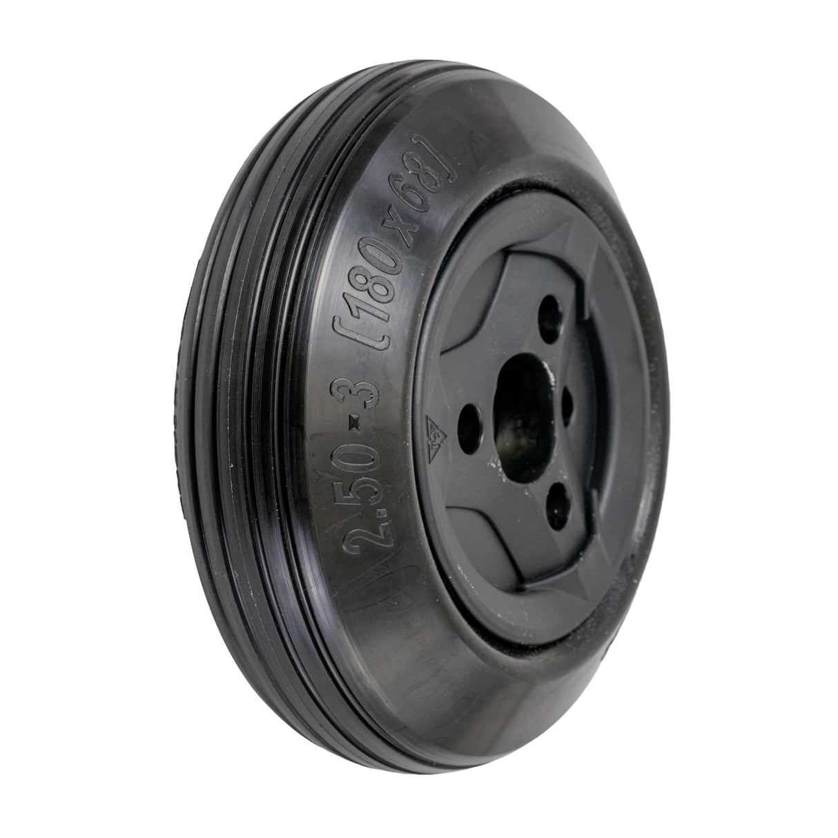 Black 2.50-3 (180 x 68) caster wheel for the Permobil M3 Corpus Power Chair with a solid flat-free tire, mounted on a split rim, featuring pre-installed bearing and black plastic center cap.