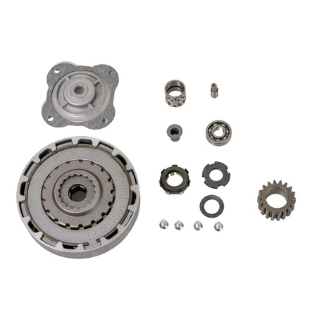 Heavy Duty 18-Tooth Clutch Assembly for 50cc-125cc Dirt Bikes & ATVs, showcasing metal gears, holes, and ball bearings in a close-up view. Ideal for upgrading Coolster, TaoTao, and similar models.