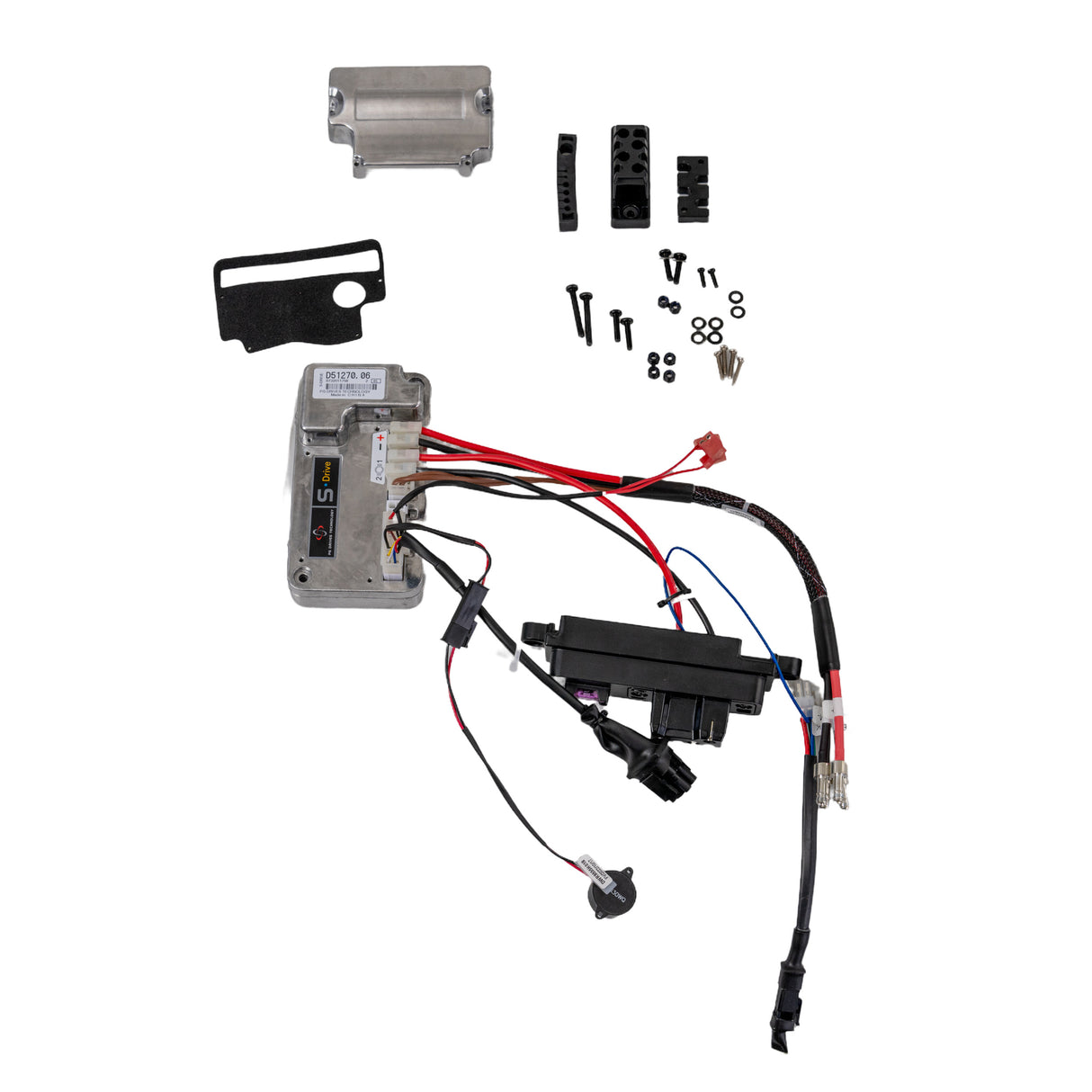 S-Drive MK II Controller Assembly for Go-Go Elite Traveller Plus (SC53/SC54) showing wires, screws, and electronic components, including the controller, connectors, interface harness, battery connector, and horn module.