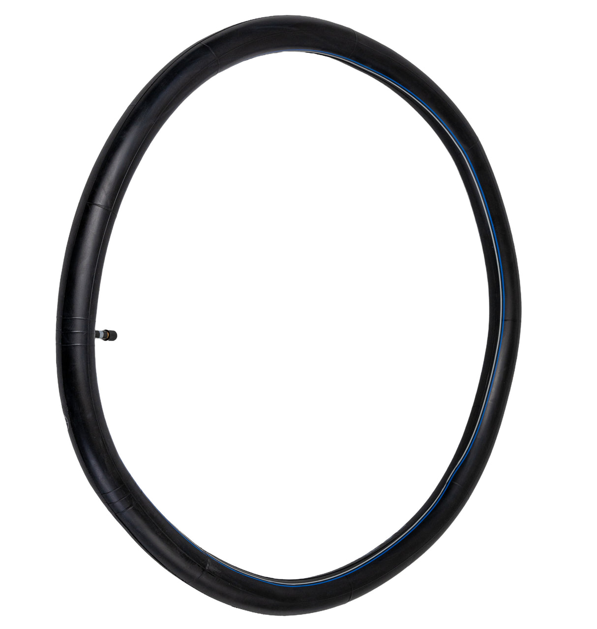 24x1.90-2.35 Heavy Duty Thorn Resistant Bicycle Inner Tube with Straight Schrader Valve, featuring a sturdy black surface with blue lines, designed for reliable bike performance.