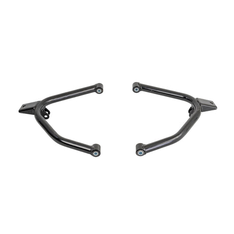 Upper A-Arm for TaoTao Targa 150 & Coleman BK200 Go-Karts: a pair of black metal arms with pre-installed bushings and spacers, featuring a central rectangular steel plate.