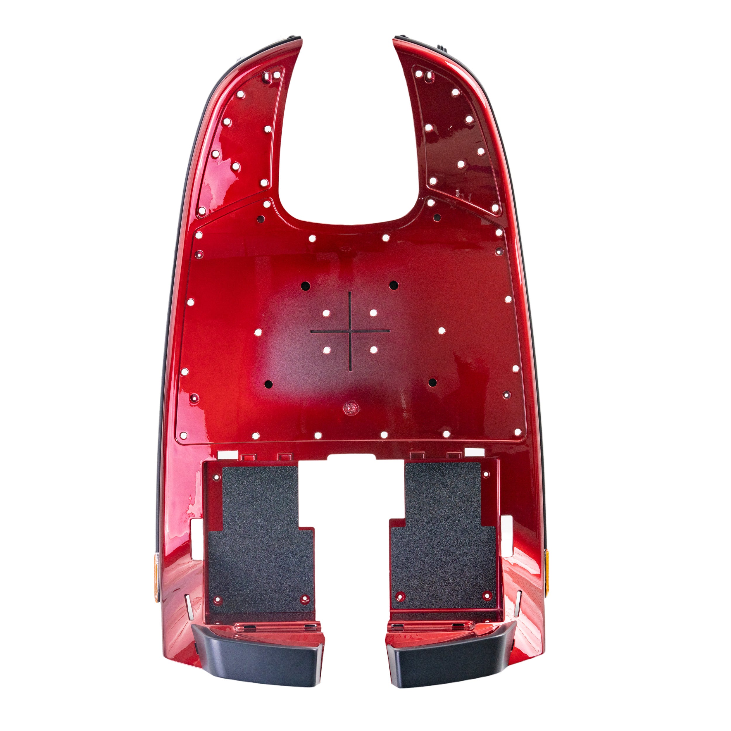 Red Front Shroud Assembly for the Pride Victory 9 (SC609) featuring a metal frame with multiple holes, designed to fit and protect the scooter's front structure.