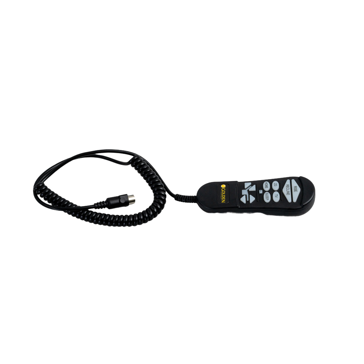 AutoDrive 3.0 7-Pin Hand Control for Golden Lift Chairs featuring a black remote with buttons, a coiled cable, and a silver connector, designed for easy position adjustments and enhanced safety.