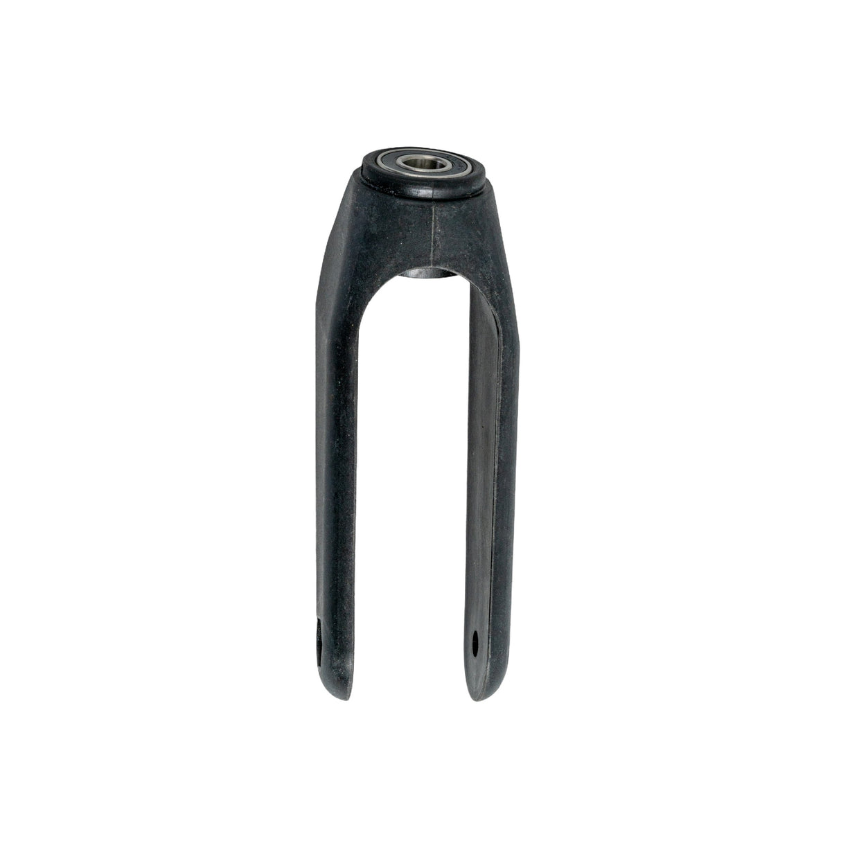 Universal Front Fork Assembly for Drive Duet Rollators, featuring a black plastic and metal structure with a round center designed to hold the rollator's 8 caster wheel, including the fork bearing.