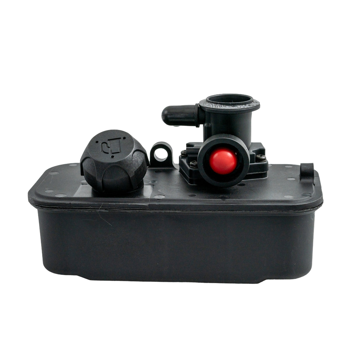 Carburetor with Fuel/Gas Tank 498809/494406 for Briggs & Stratton Engines featuring a black plastic container and a prominent red button, designed for compatibility with various push-style lawn mowers.