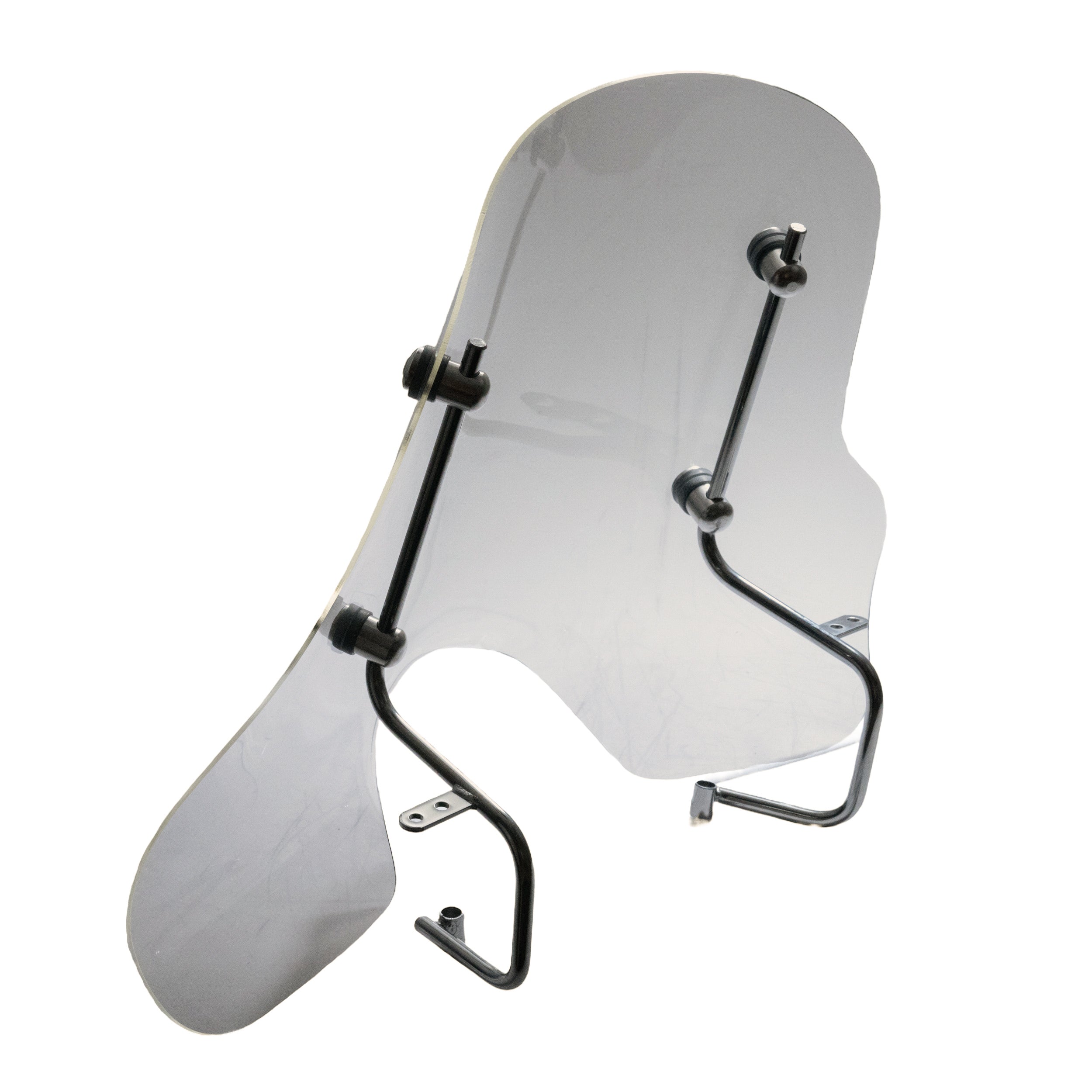 Windshield for the KYMCO People 50 and People 150 Scooters: clear plastic shield with metal rods and chrome mounting hardware, providing superior weather and road hazard protection for daily scooter use.