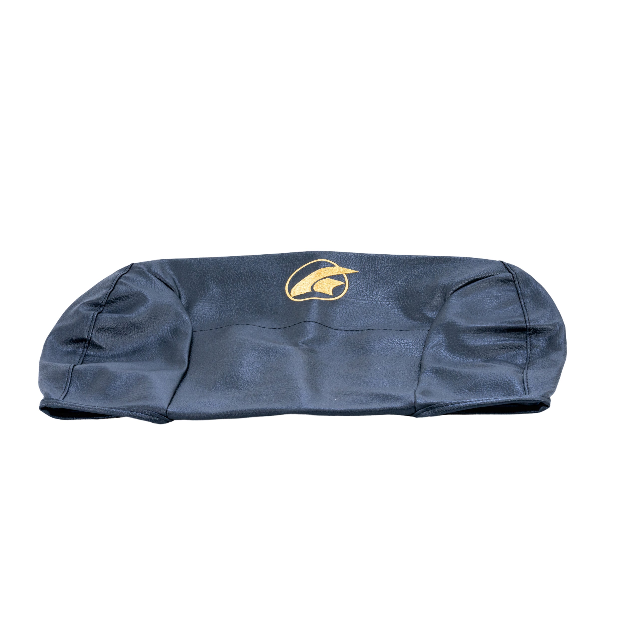 17x17 Seat Back Cover for the Golden Buzzaround Lite Scooter & LiteRider Envy Power Chair, black vinyl with a gold logo, shown as a standalone piece without frame, hinge, or armrests.