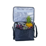 Insulated Basket Bag for Bicycles, E-Bikes, & Scooters filled with grapes and a pineapple, showcasing its spacious and secure design. The bag features a zippered lid and sturdy construction.