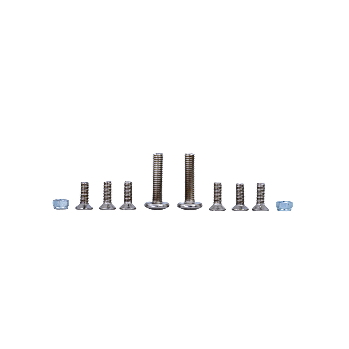 Deck Screws for the Razor E90 Accelerator & E100 Glow: Close-up of various-sized screws and bolts, ideal for replacing damaged or lost deck screws on the specified Razor electric scooters.