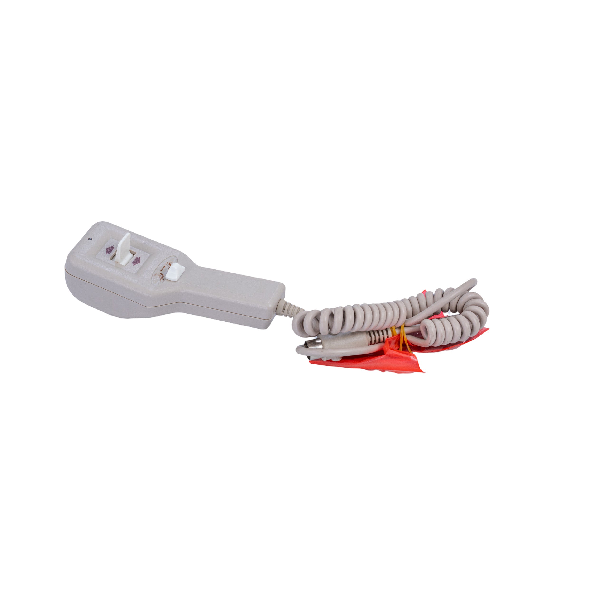 Hand Control with Quick Release for Infinite Position Mega Motion LC-100X Lift Chair, featuring a grey corded telephone receiver, white cable, and close-up of a switch for easy installation and removal.