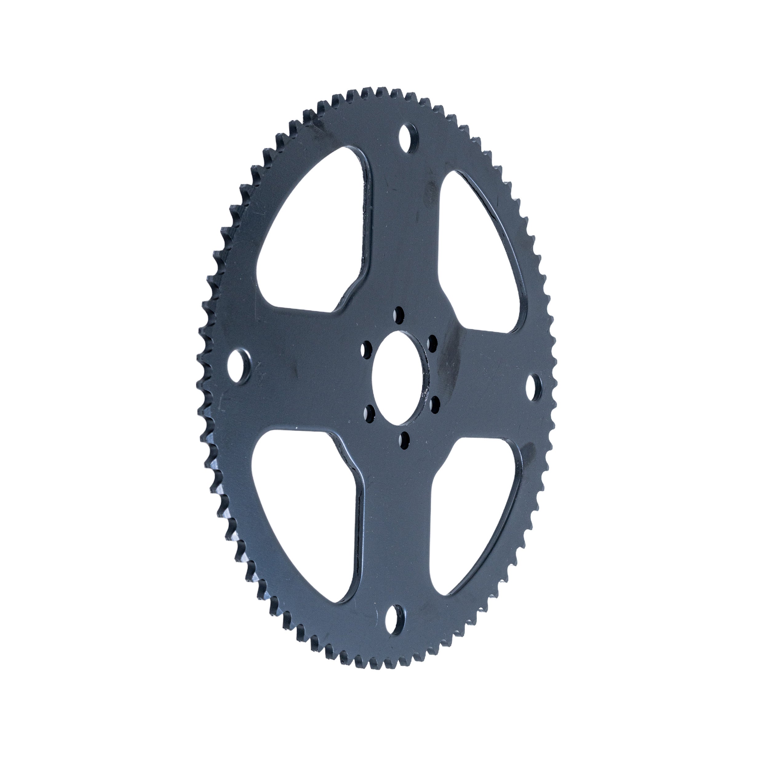 75 Tooth #35 Chain Rear Wheel Sprocket for the Realtree RT100 Mini Bike, showcasing a close-up of its metal gear teeth and six inner mounting holes for easy installation.