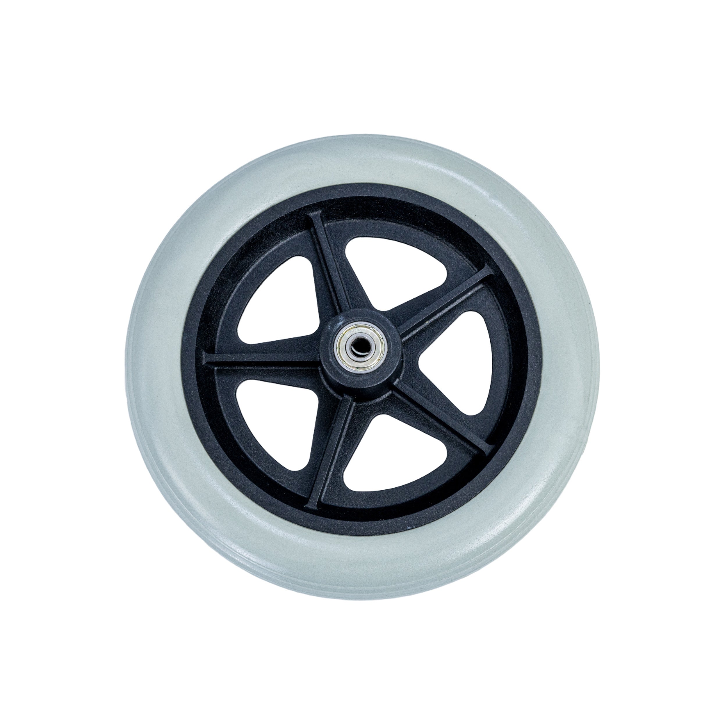 8x2 (200x50) Pneumatic Gray Caster Wheel Assembly with 608RS Bearings and Black Split Rim, featuring a ribbed Primo tire, suitable for power chair casters with 5/16 axle.