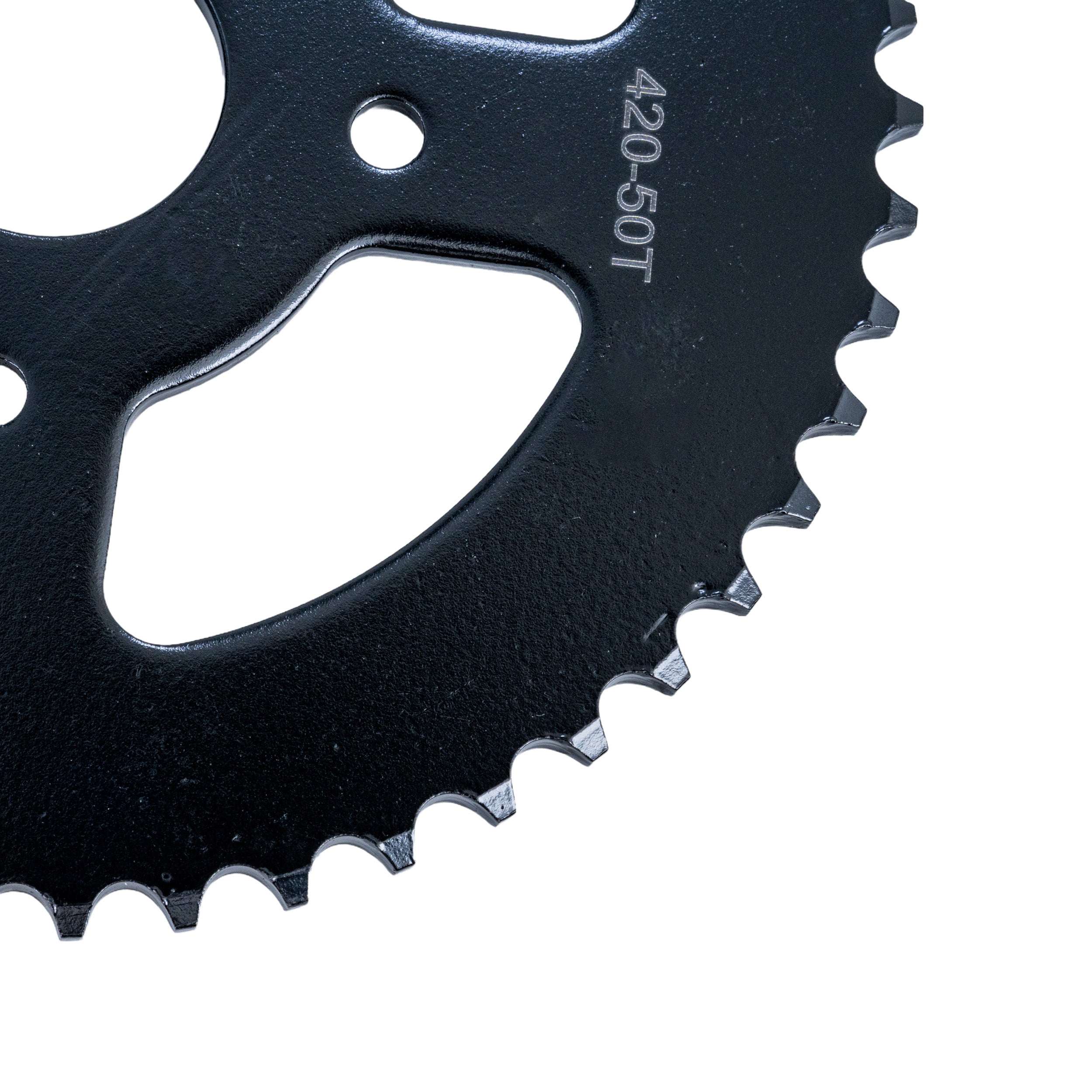 Close-up of a black gear labeled as the 420 Chain 50 Tooth Rear Sprocket for the Baja MB165 & MB200 Mini Bike, showing detailed teeth and central hole.