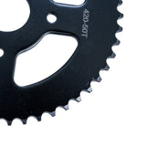 Close-up of a black gear labeled as the 420 Chain 50 Tooth Rear Sprocket for the Baja MB165 & MB200 Mini Bike, showing detailed teeth and central hole.