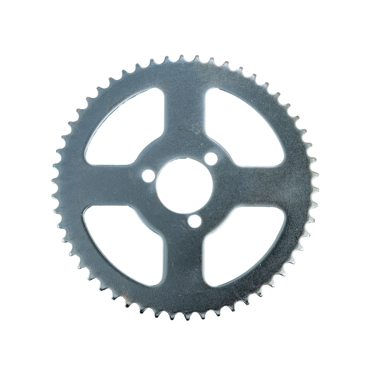 Close-up of an 8mm 05T Scooter Chain Sprocket with 54 Teeth and 1-5/8 Mounting Hole Circle (x3 Holes), highlighting the intricate gear design and metal craftsmanship.