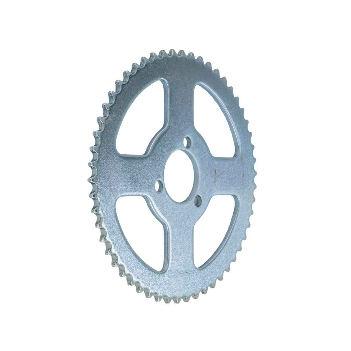 Close-up of an 8mm 05T Scooter Chain Sprocket with 54 Teeth and 1-5/8 Mounting Hole Circle (x3 Holes), showcasing its metallic gear structure essential for 49cc gas scooters and custom projects.