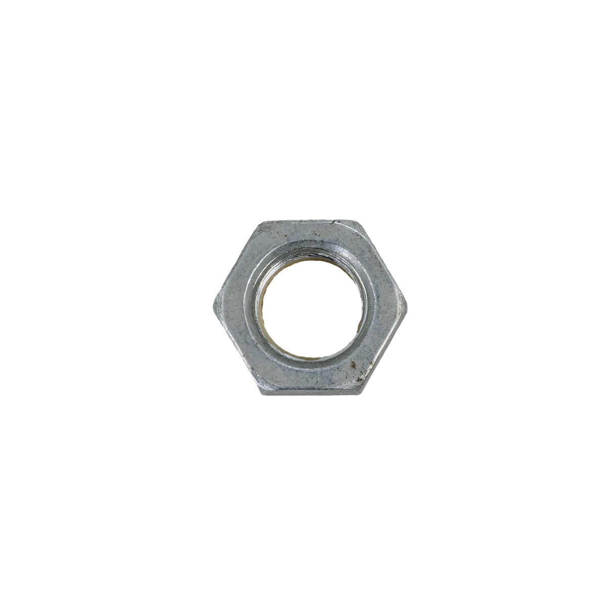 Nylock Jam Nut with 1/2-20 Thread: Close-up of a durable stainless steel nut, 7/16 high and 3/4 across, showcasing its fine threading and robust build.