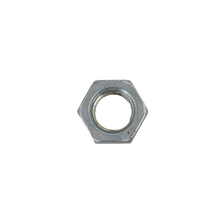 Nylock Jam Nut with 1/2-20 Thread: Close-up of a durable stainless steel nut, 7/16 high and 3/4 across, showcasing its fine threading and robust build.