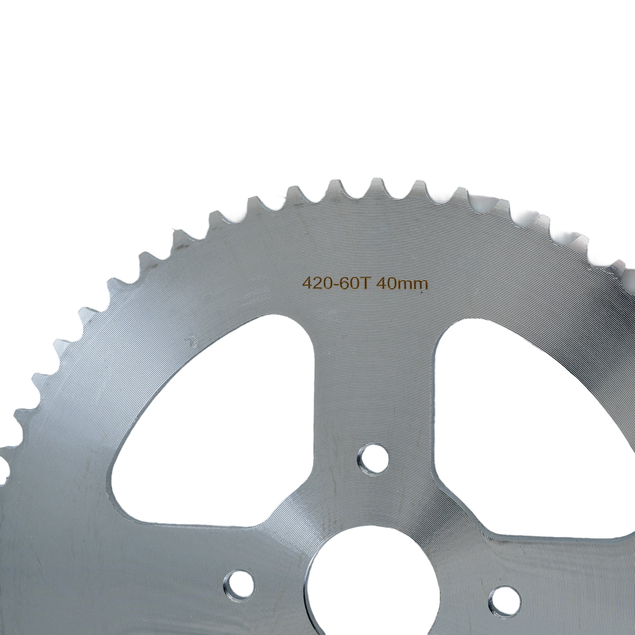 Close-up of a #40/41/420 Chain - 60 Tooth Rear Sprocket for Mini Bikes, showcasing its durable, heavy-duty gear teeth designed for both trail and suburban riding.