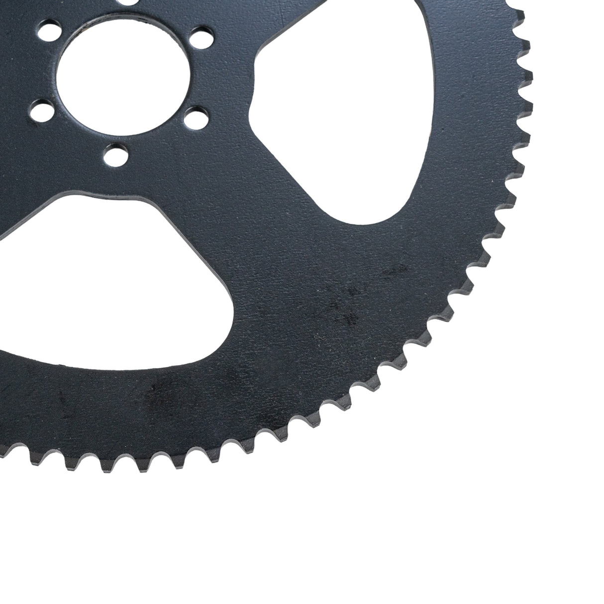 Close-up of the 75 Tooth #35 Chain Rear Wheel Sprocket for Coleman, Monster Moto / Mega Moto, Motovox, & TaoTao Mini Bikes, showing its gear teeth and six inner mounting holes for easy installation.