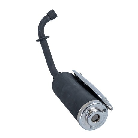 Muffler & Exhaust Pipe for TaoTao ATK125A & Jeep Auto Go-Karts, featuring a black muffler with an attached chrome teardrop shield and black pipe assembly.