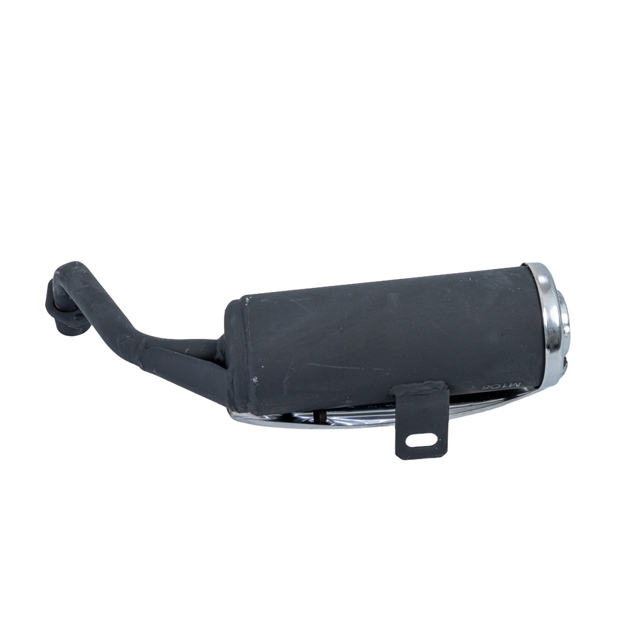 Muffler & Exhaust Pipe for TaoTao ATK125A & Jeep Auto Go-Karts, featuring a black muffler with a chrome teardrop shield and silver rim, ideal for replacement in go-karts.