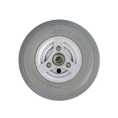 2.50-3 (210-65) Caster Wheel for Permobil C300 Corpus, C350 Corpus, & C500 Corpus Power Chairs, showcasing a close-up of the metal center and tire with a detailed view of the rim and bearing.