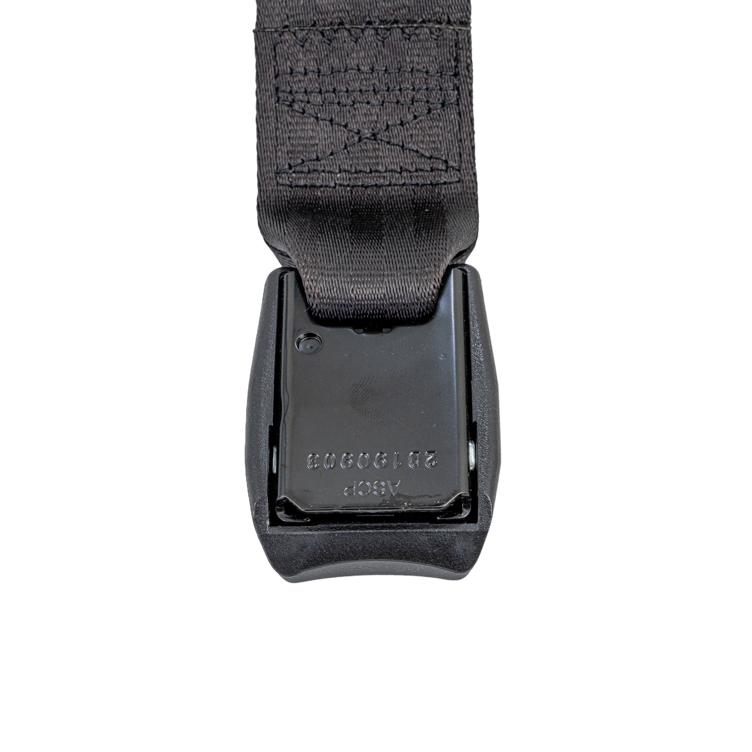 60 Seat Belt for the Pacesaver Scout M1, featuring a strong black nylon webbing strap and a simple push-button auto-style buckle, ensuring secure attachment and adjustable up to 60 inches.