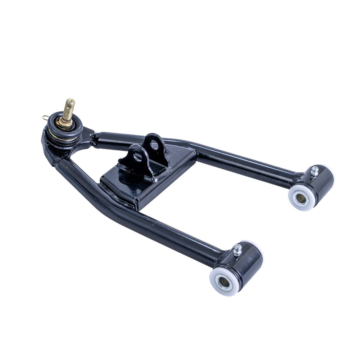 Lower A-Arm for Coleman AT125-EX & AT125-UT ATVs, featuring a black metal frame with pre-installed bushings, spacers, and grease fittings, essential for the steering and suspension system.