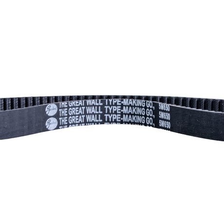 650-5M/15 Drive Belt for electric scooters, featuring a close-up of the black belt with white text, displaying 130 teeth spaced 5 mm apart, measuring 650 mm in circumference and 15 mm wide.