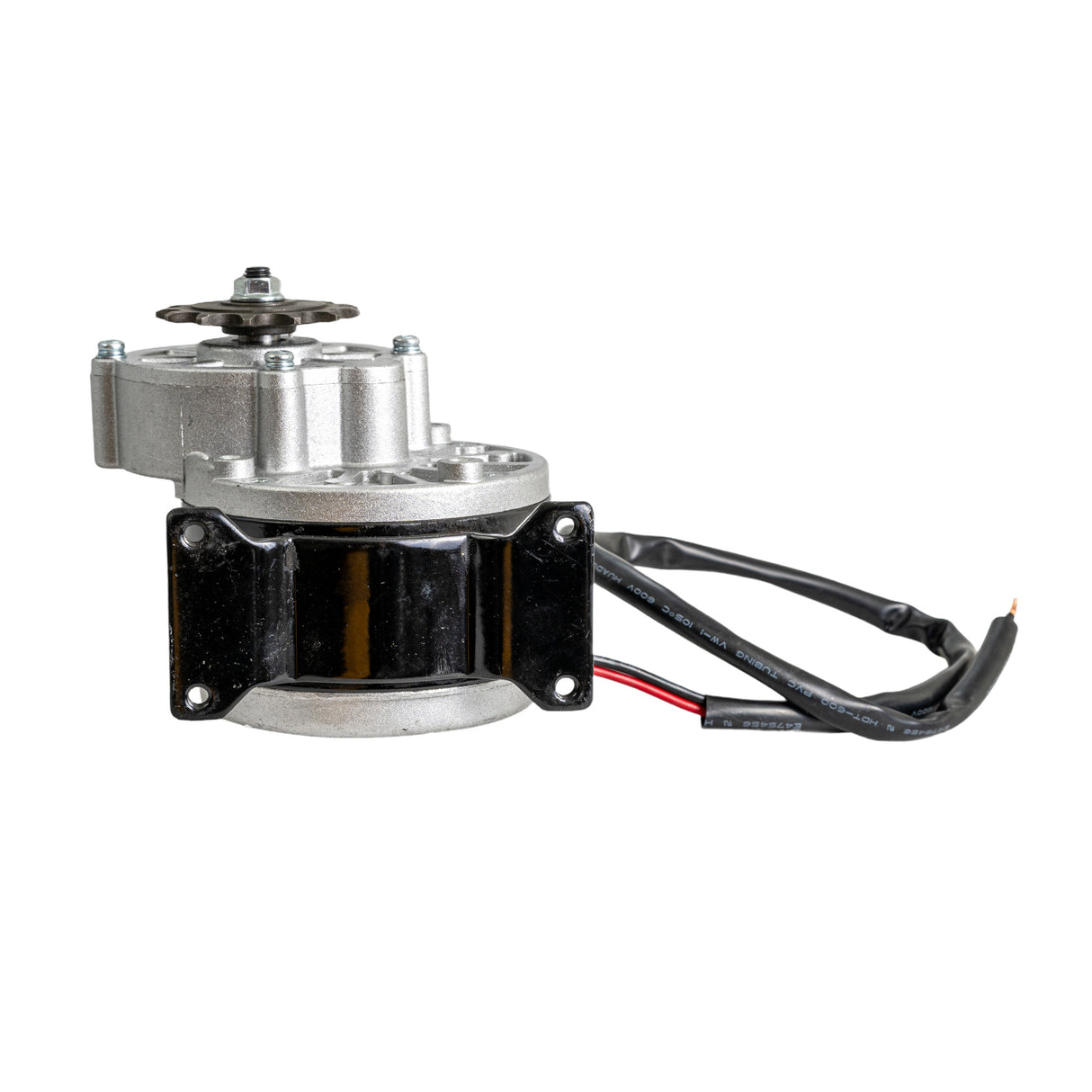 24 Volt 250 Watt Gear Reduction Motor with 13 Tooth Chain Sprocket for the Pulse ATV Quad Ride-On, featuring metal construction, black and red wires, and visible gear components for enhanced torque and off-road performance.