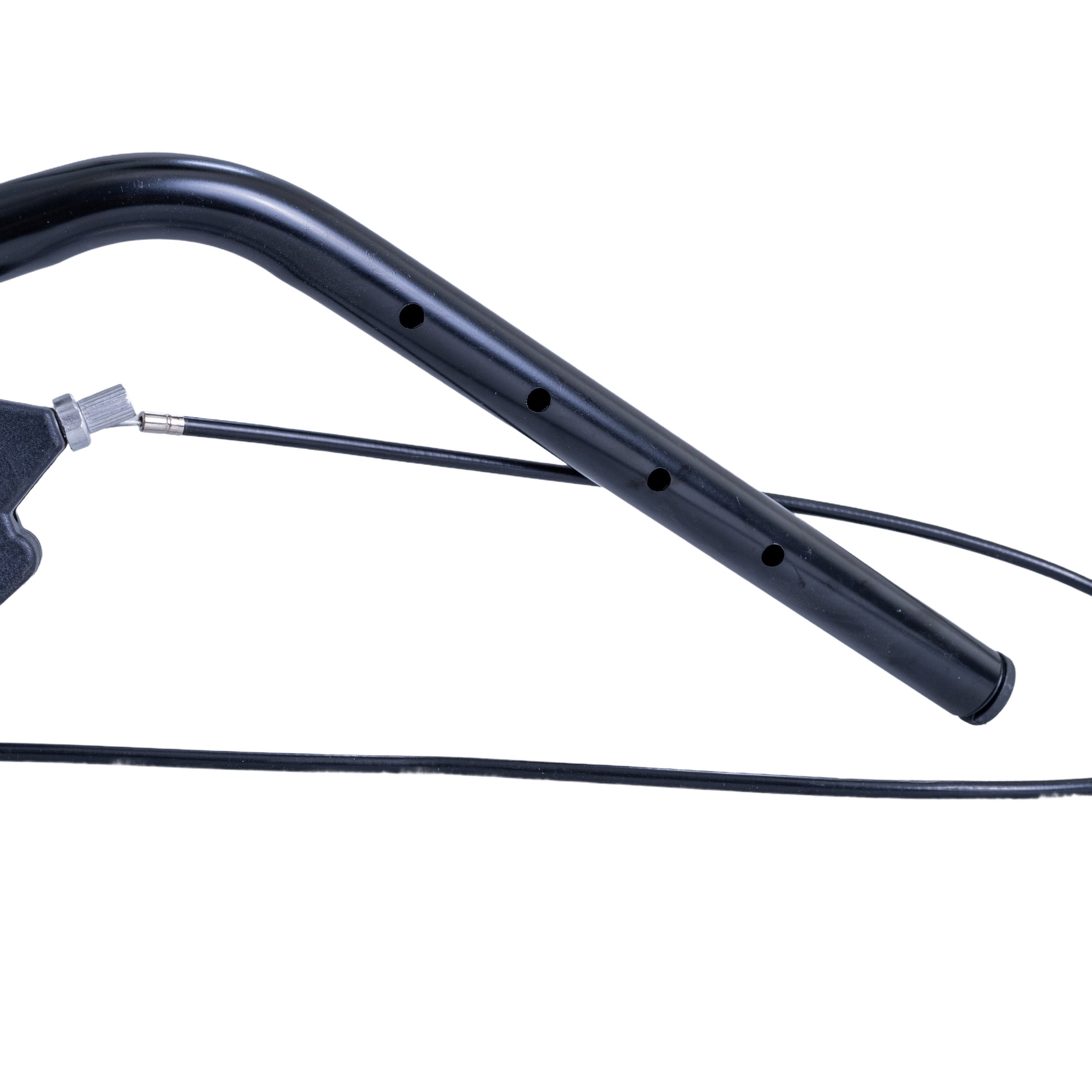 Right Handlebar Brake Assembly for the Drive Medical Bariatric Rollator (10216) showing a black metal object with a wire, including a close-up of the brake handle's components and holes.