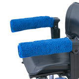 Fleece Armrest Covers for Wheelchairs, Power Chairs, & Scooters (Set of 2) shown draped over a chair, highlighting their plush cushioning and secure hook & loop strips for added comfort and support.