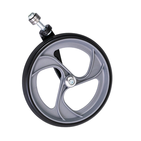 Left Wheel and Fork Assembly compatible with Drive Medical Nitro Rollator, Hemi, and Tall. Features a metal rim, spokes, and visible screws. Specific to serial number 2A1606301542 and after.