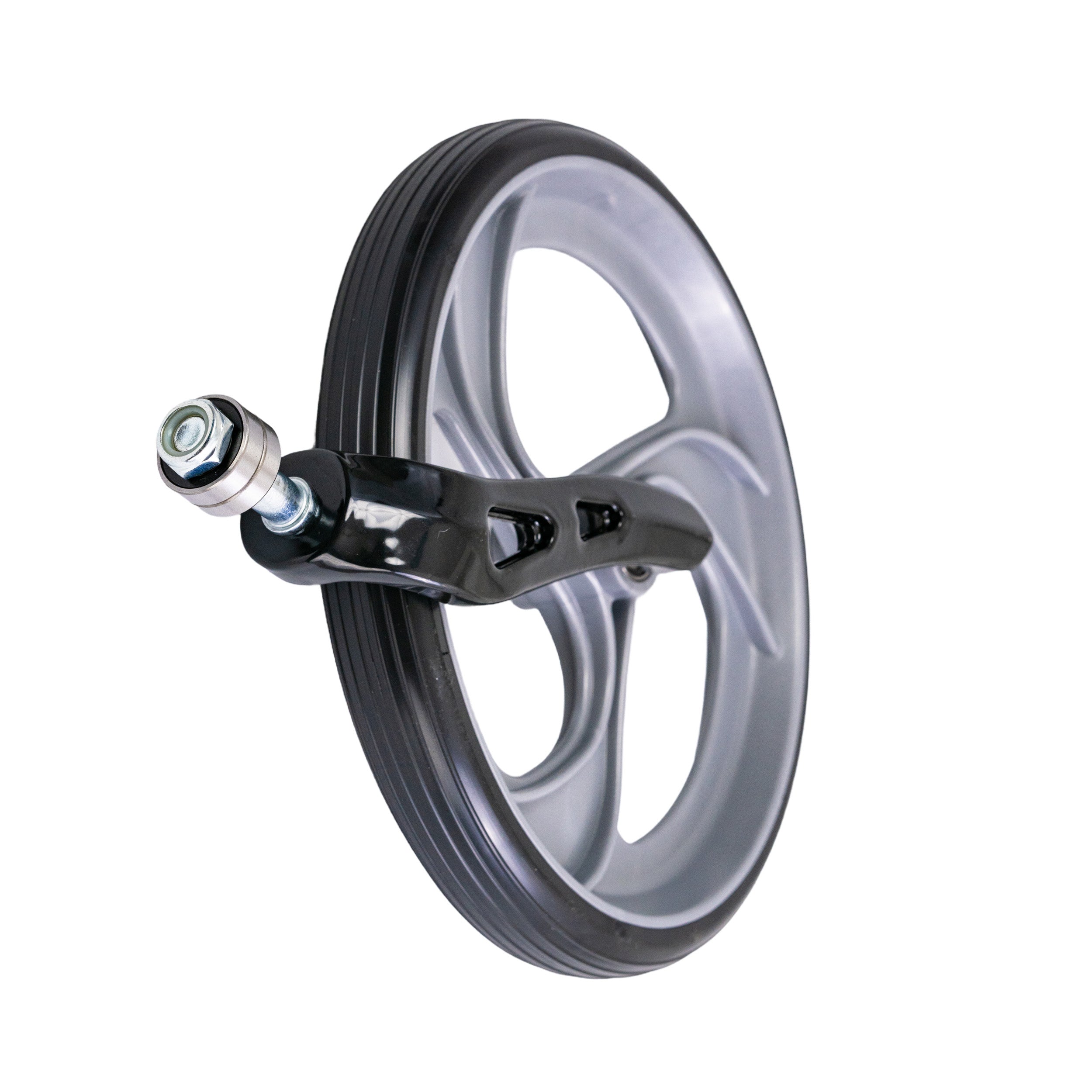 Left Wheel and Fork Assembly for Drive Medical Nitro Rollator, Drive Medical Nitro Hemi, and Drive Medical Nitro Tall, featuring a close-up view of the wheel, fork, and connecting bolt components.