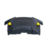 Rear Battery Shroud Door for Jazzy Elite 14 & Elite HD Power Chairs, featuring a black plastic design with yellow screws and knobs, serves as a protective cover for the batteries.