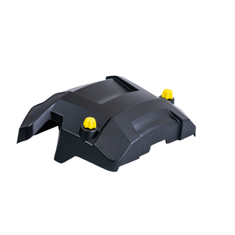 Rear Battery Shroud Door for Jazzy Elite 14 & Elite HD Power Chairs, featuring a black plastic body panel with yellow screws, designed to protect the batteries from external elements.