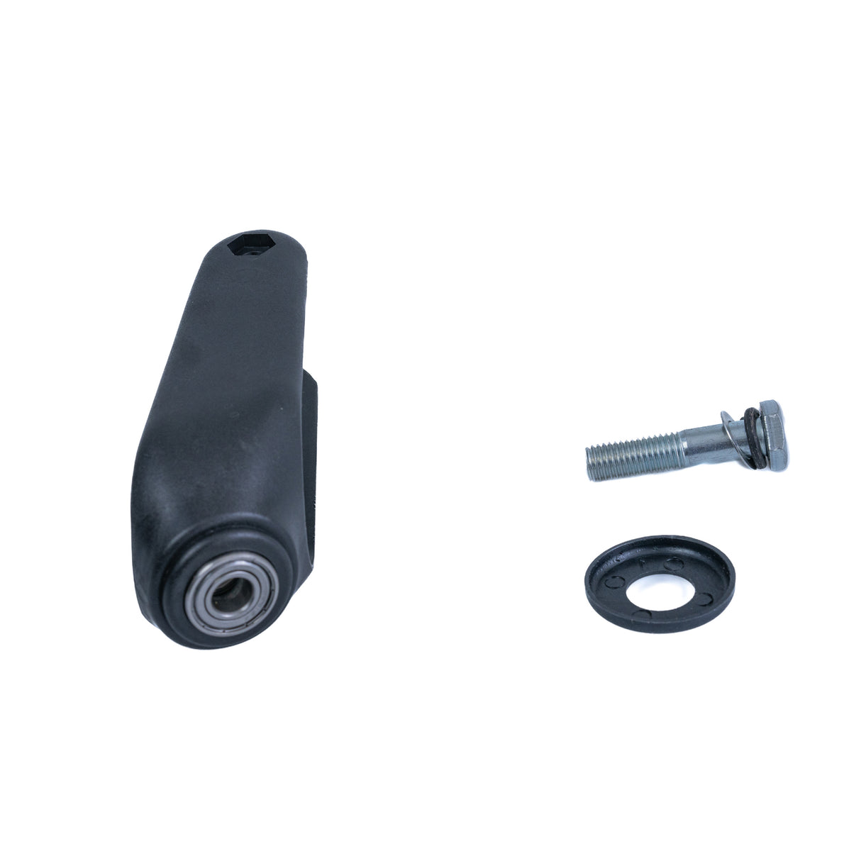 Front Fork with Bearings & Stem Bolt for Drive Medical Bariatric Rollator (10216), featuring a black plastic handle, screw, nut, and bolt assembly, designed to hold the rollator's 8 caster wheel.