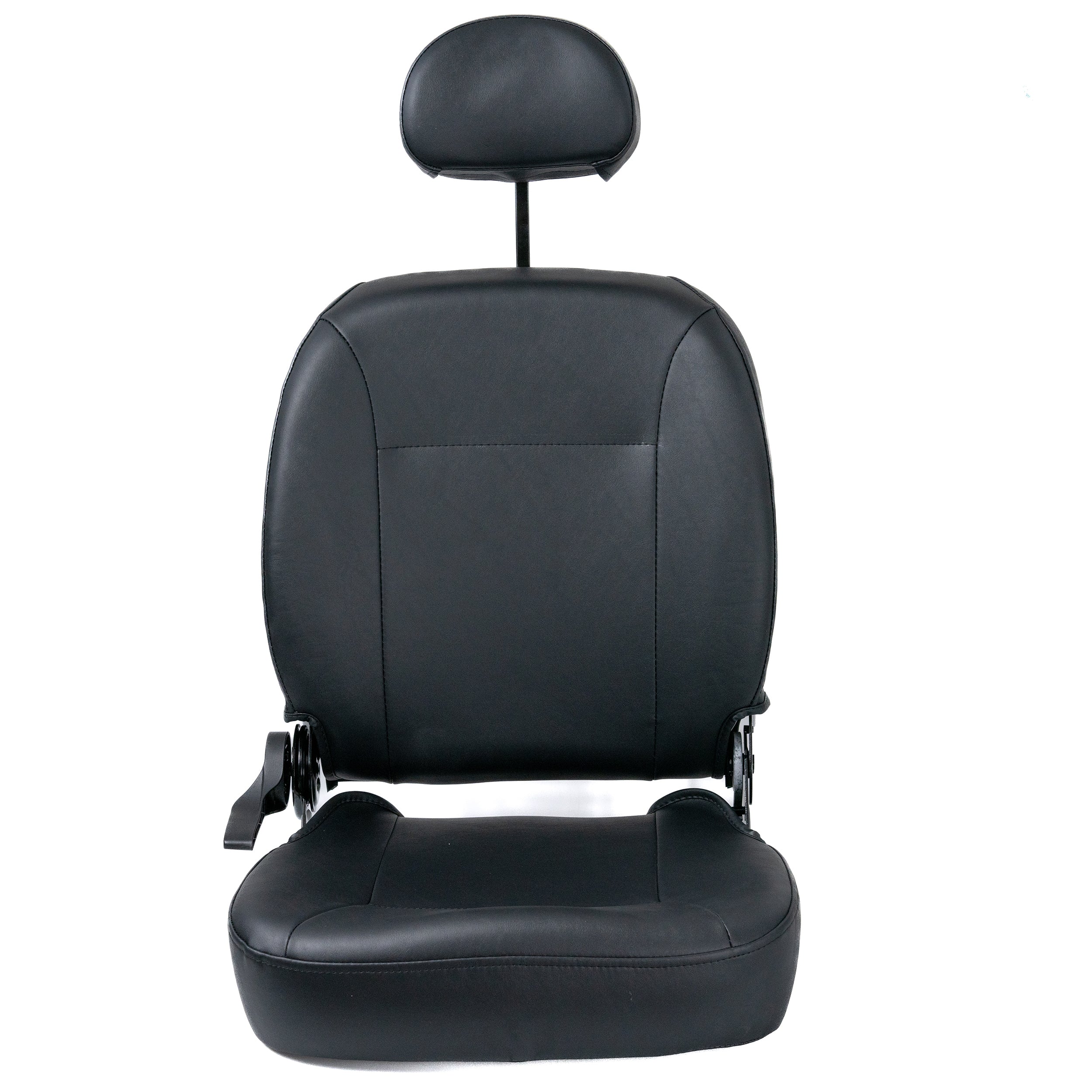 18x18-20 Hi-Back Black Vinyl Limited Recline Seat for the Jazzy 600 ES and Select 6, featuring a headrest, black armrests, and a strap, seen from the back.