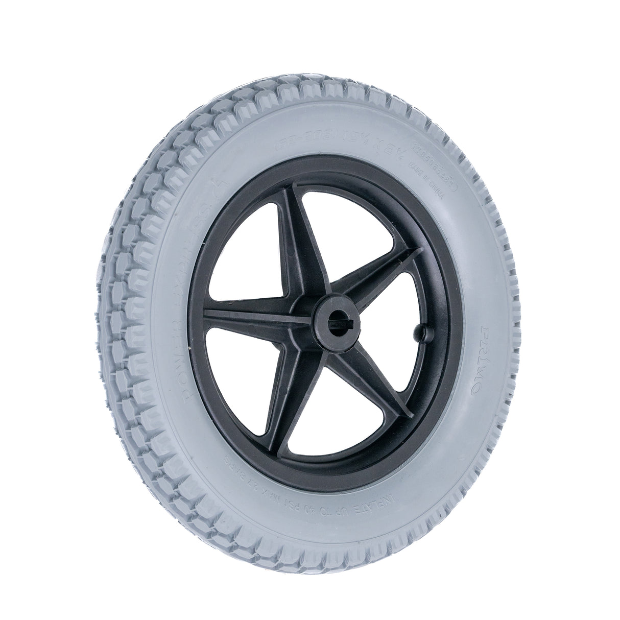 12-1/2x2-1/4 Foam-Filled Drive Wheel Assembly for Invacare Power Chairs featuring a black rim with 5 spokes, knobby tread tire, and foam fill insert.